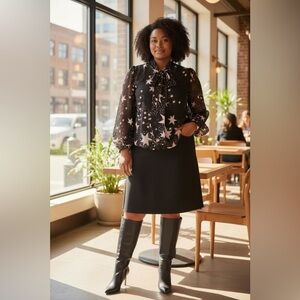 Eva Mendes x NY&C Star Print Sheer Tie-Neck Blouse | Size 1X